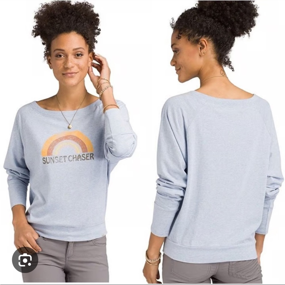 Prana Light Blue Long Sleeve Tee sunset chaser Sun rainbow graphic xl organic